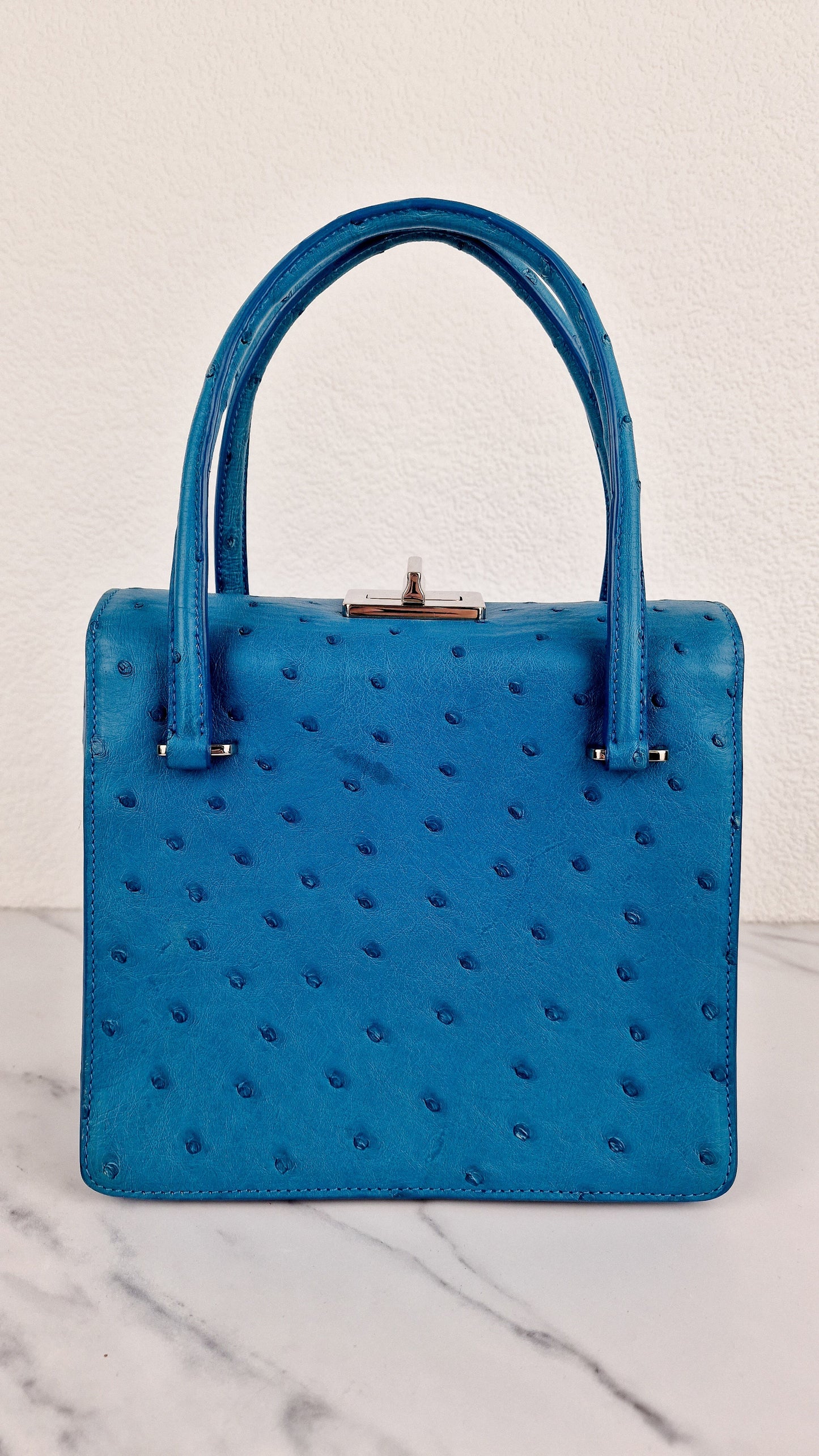 Prada Bag in Voyage Blue Ostrich Leather With Turnlock - RARE Handbag - Prada BN2708 Struzzo