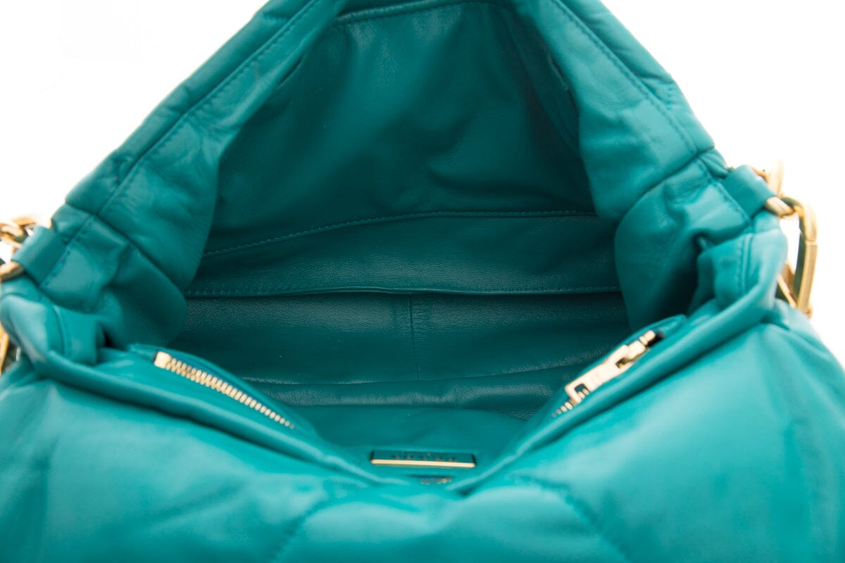 Prada Teal Puffed Leather Patchwork Handbag with Gold Strap