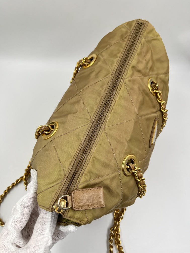 Prada Nylon Tote with Chain Handle - Beige