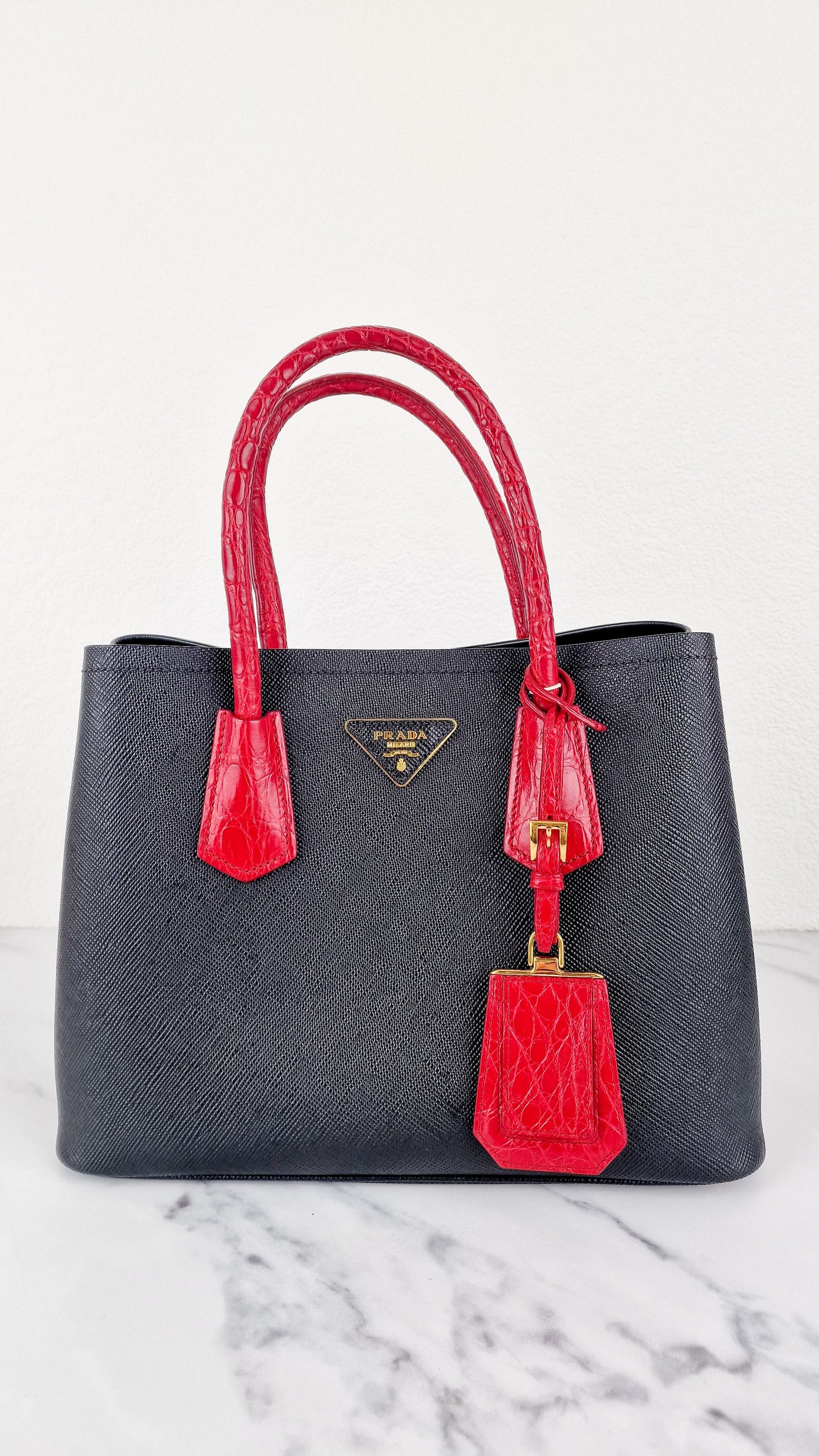 RARE Prada Double Medium Saffiano Cuir Black & Red Crocodile - Handbag Prada 1BG887