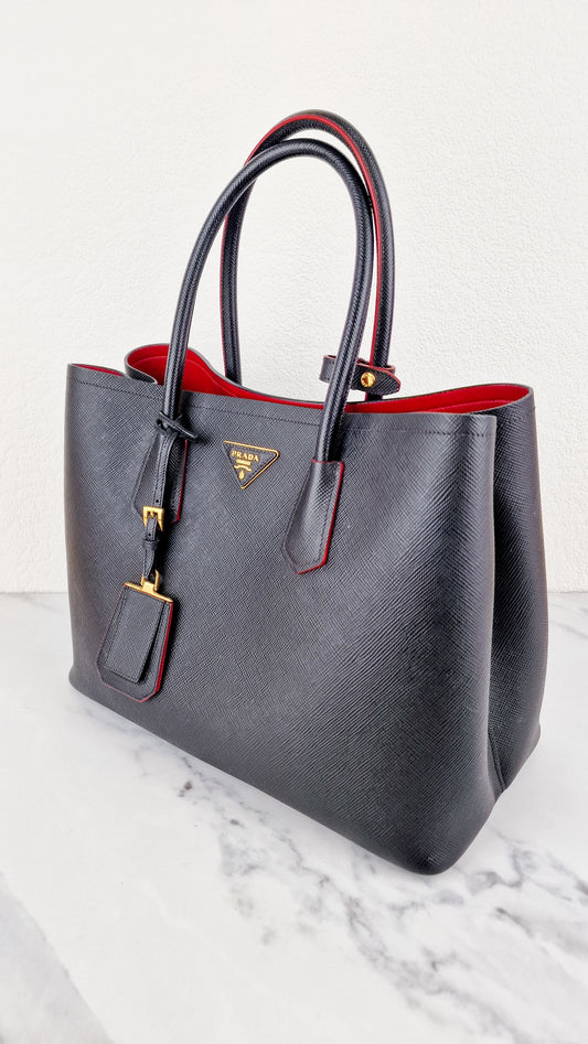 Large Medium Prada Double Tote Saffiano Cuir Black with Fiery Red Nappa Leather Lining Handbag