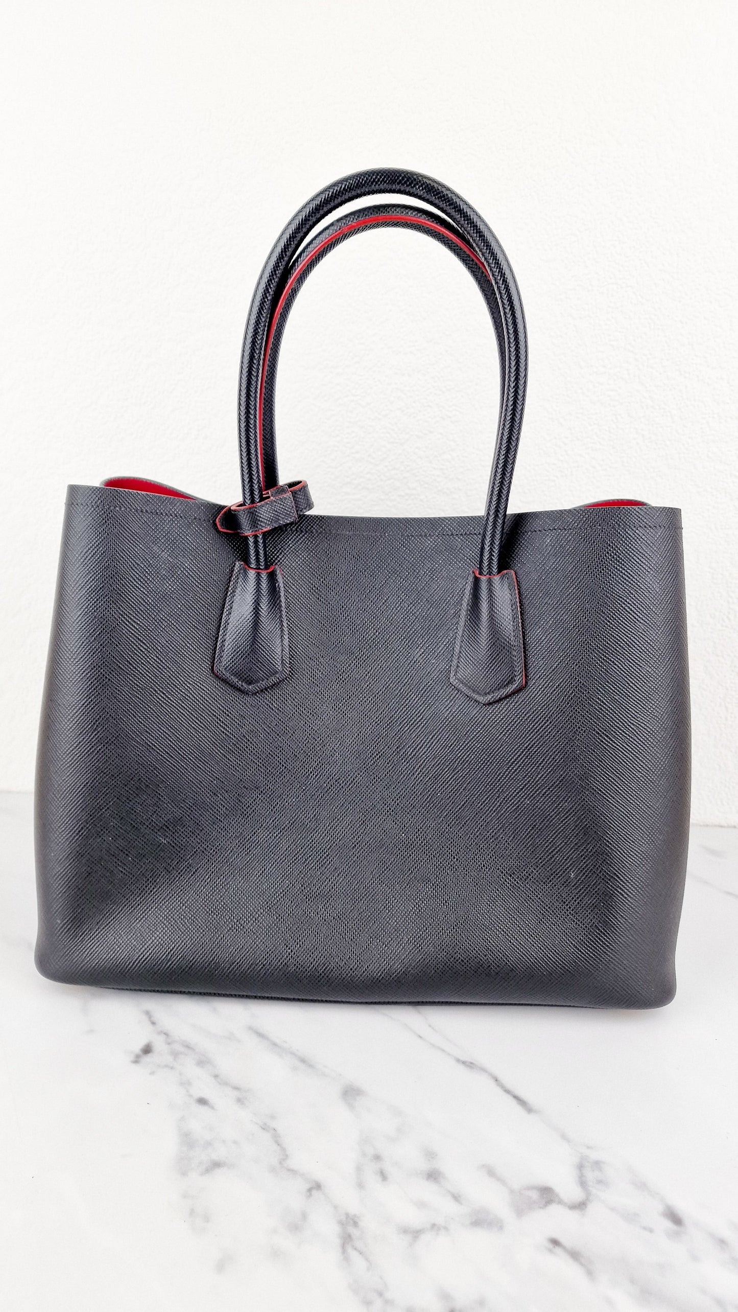 Large Medium Prada Double Tote Saffiano Cuir Black with Fiery Red Nappa Leather Lining Handbag