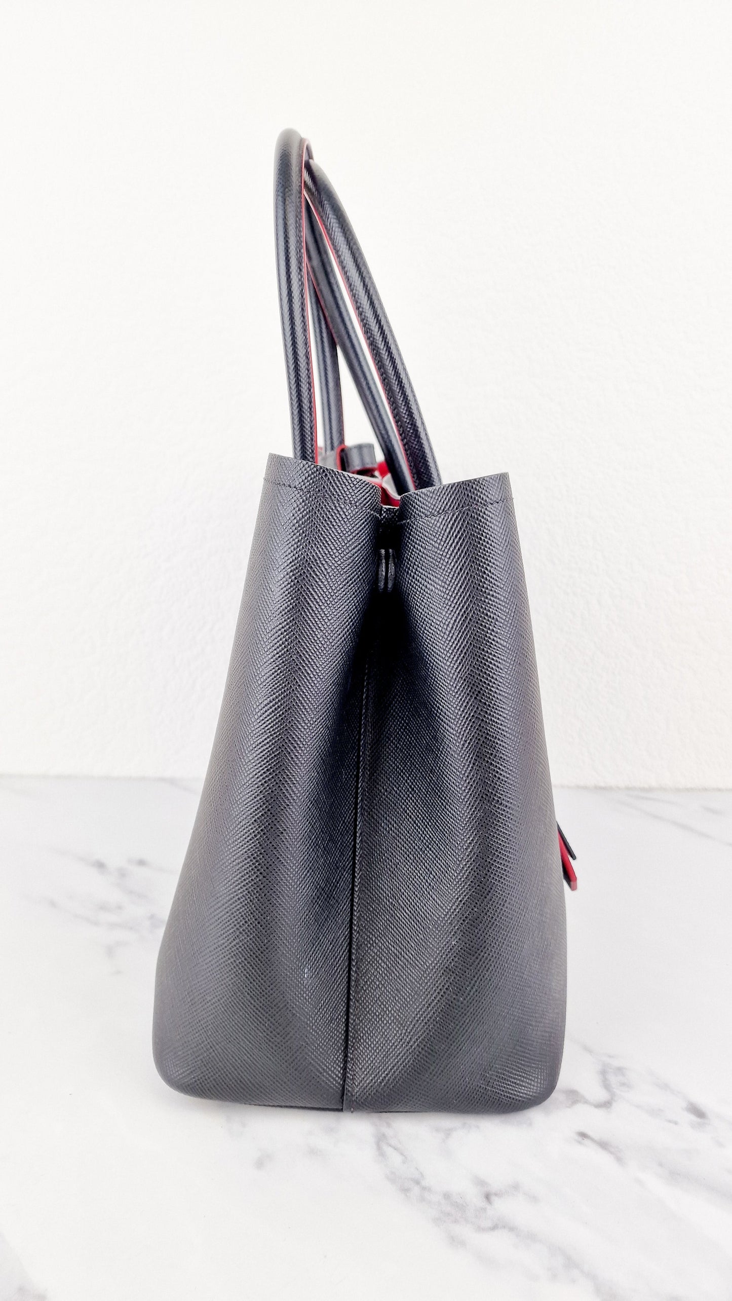 Large Medium Prada Double Tote Saffiano Cuir Black with Fiery Red Nappa Leather Lining Handbag