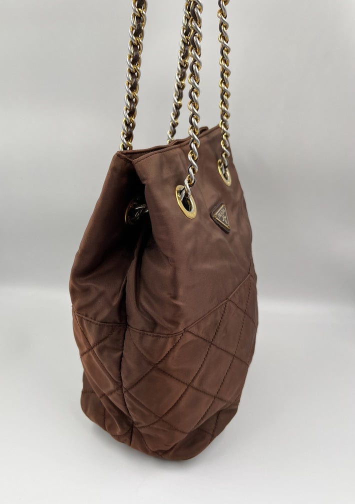 Prada Nylon Tote with Chain Handle - Brown