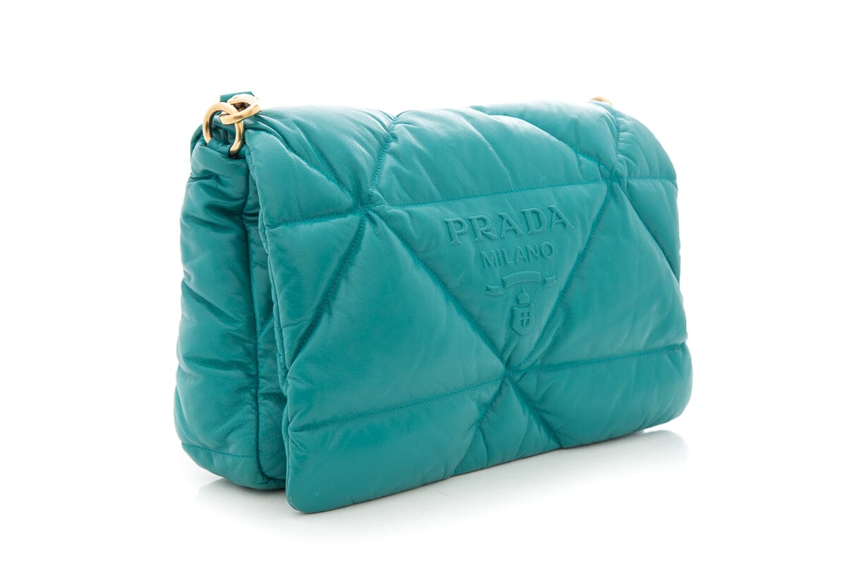 Prada Teal Puffed Leather Patchwork Handbag with Gold Strap