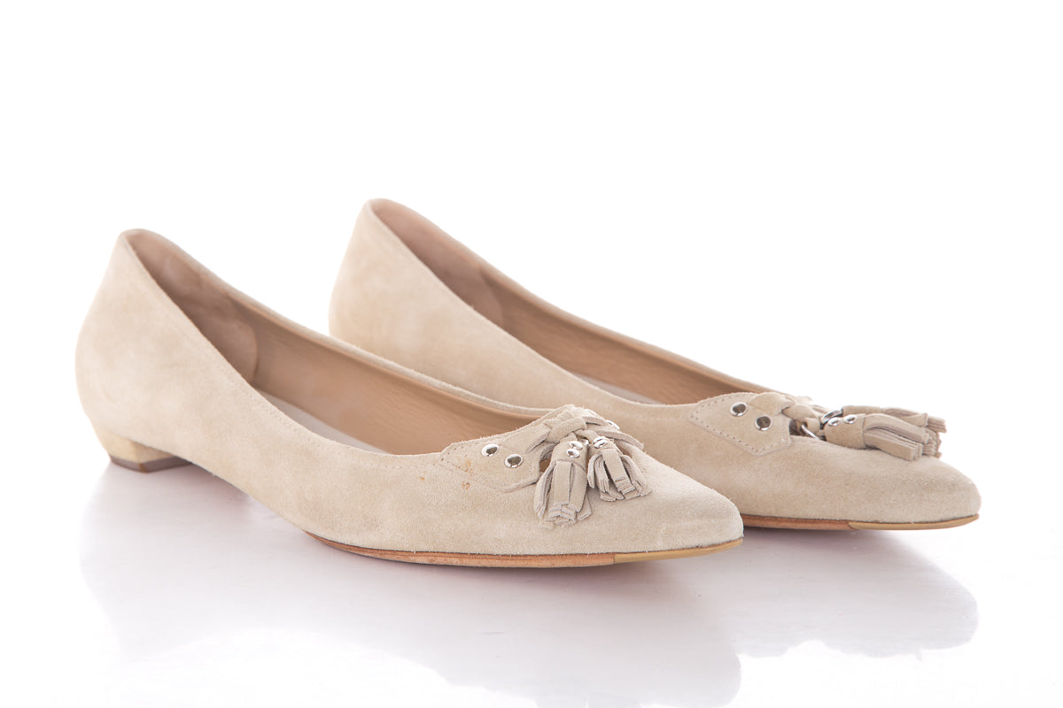 Prada Nude Suede Fringe Tassel Flats SZ 38.5