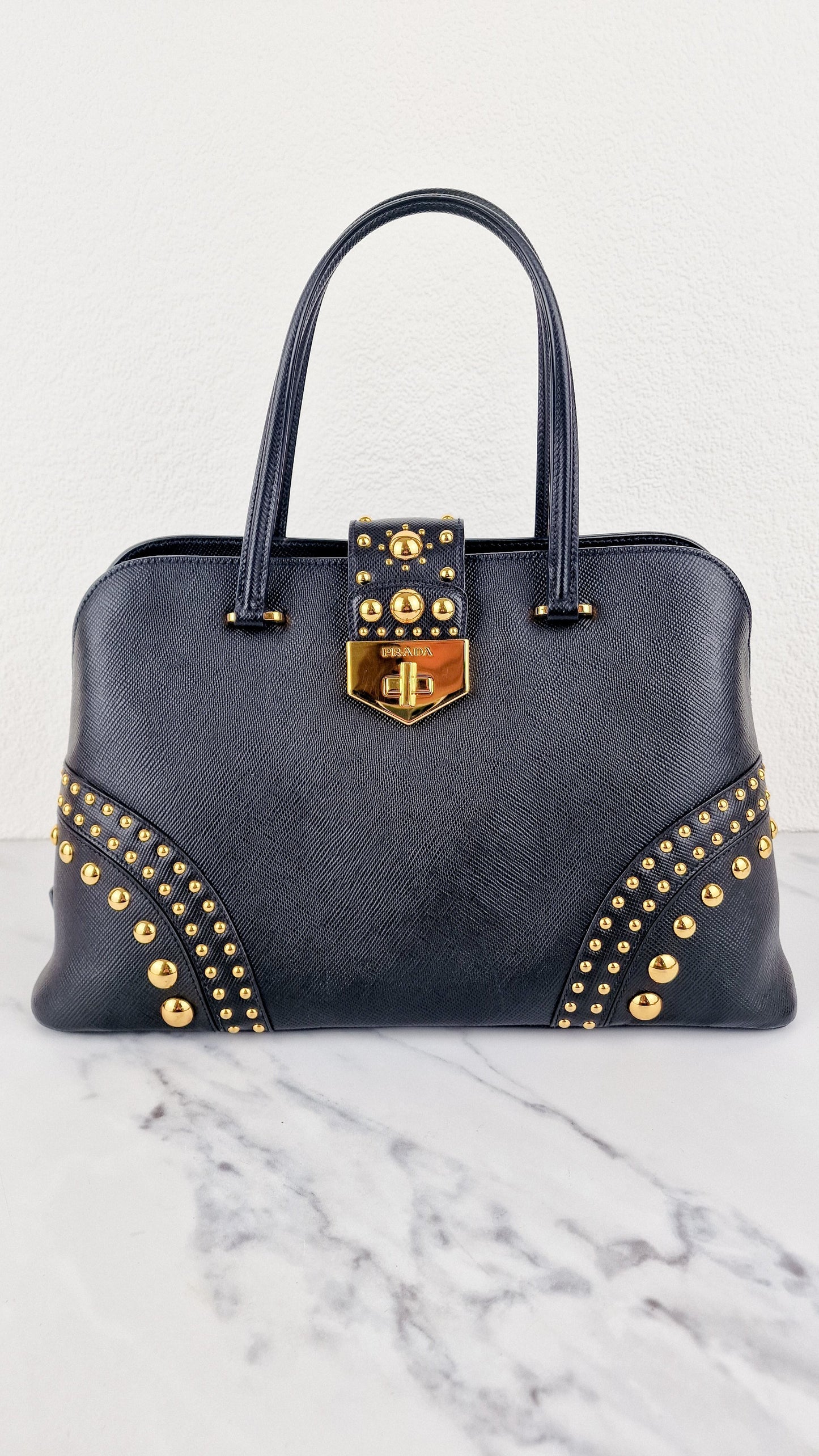 Prada Saffiano Cuir Handbag in Black Leather with Gold Studs - Handbag Prada BN2753