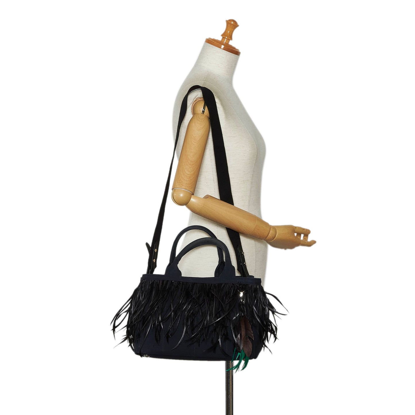 Black Prada Mini Canapa Convertible Canvas and Feather Tote Satchel