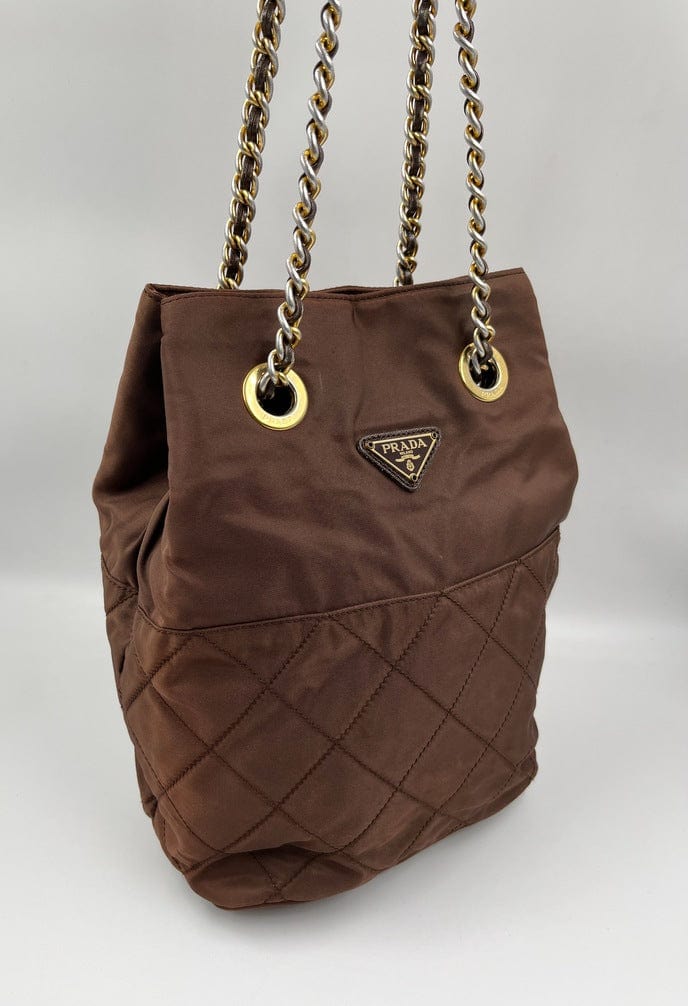 Prada Nylon Tote with Chain Handle - Brown