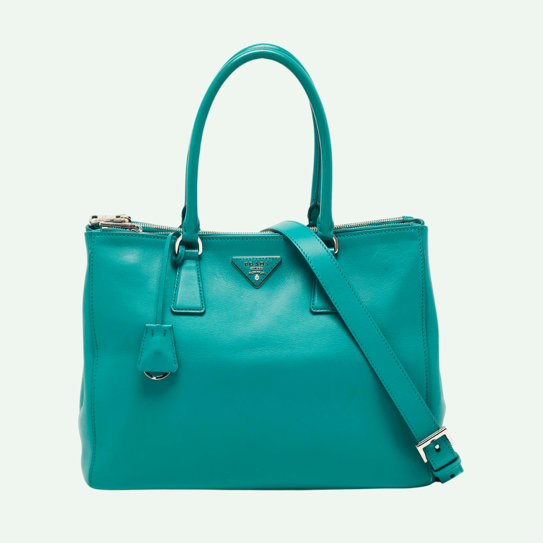 Prada City Calf Medium Galleria Double Zip Tote Bag,Leather,Green