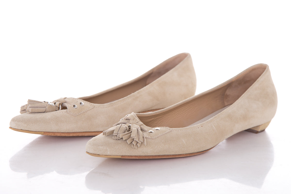 Prada Nude Suede Fringe Tassel Flats SZ 38.5