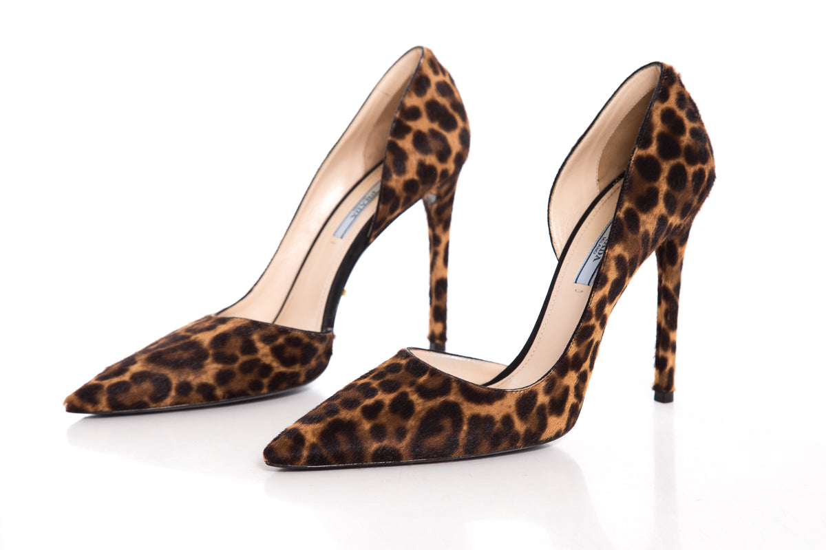 Prada Leopard Pony Hair Pointed Toe Heels SZ 39.5