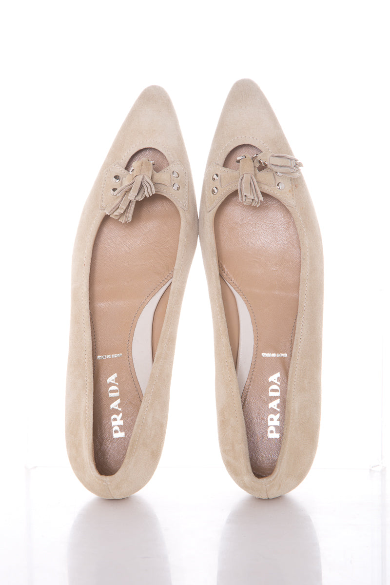 Prada Nude Suede Fringe Tassel Flats SZ 38.5