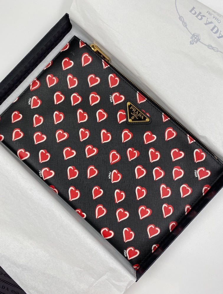 Prada Saffiano Leather Heart Print Clutch Bag