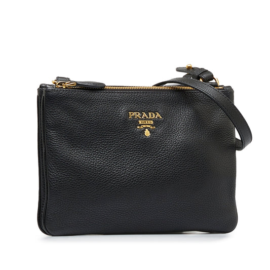 Prada Double Zip Crossbody Bag Black Vitello Daino