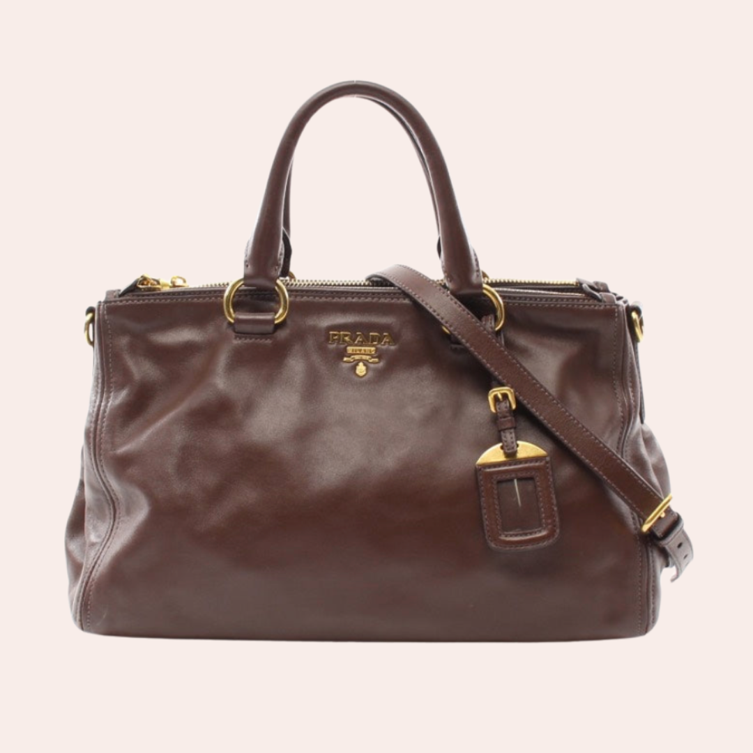 Prada Soft Calf Double Zip Tote Bag,Brown,Leather