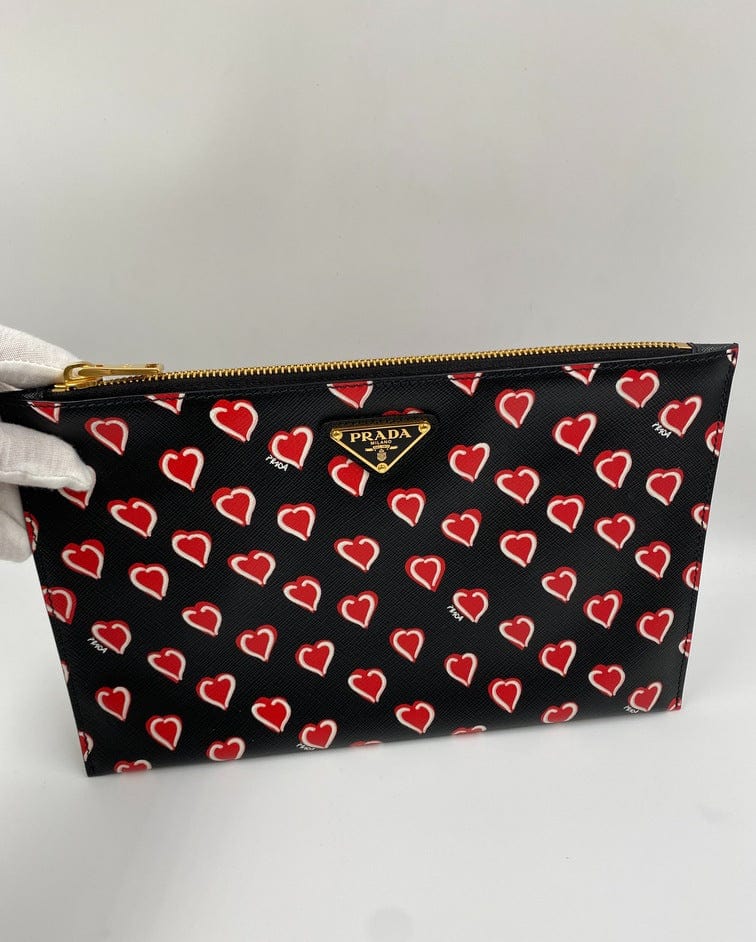 Prada Saffiano Leather Heart Print Clutch Bag