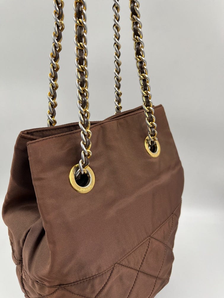 Prada Nylon Tote with Chain Handle - Brown