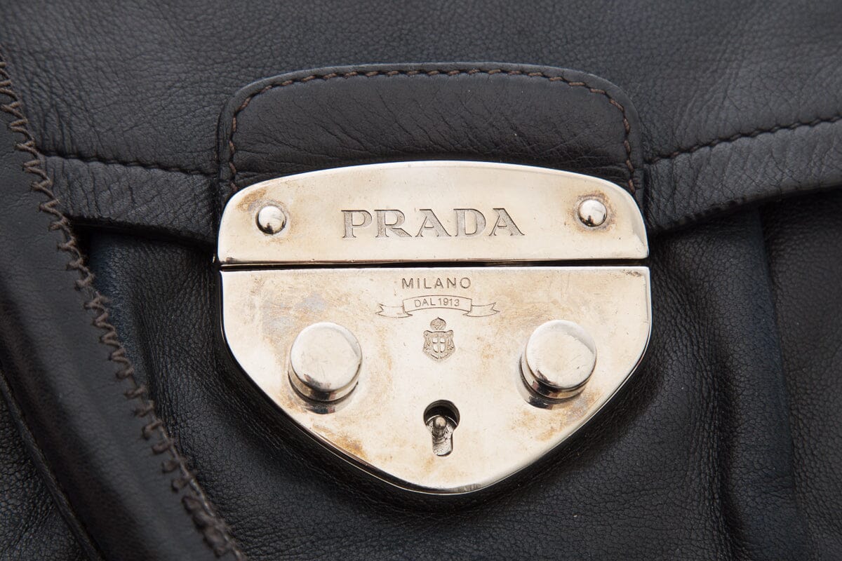 Prada Milano Dal 1913 Black Leather Pushlock & Key Handbag