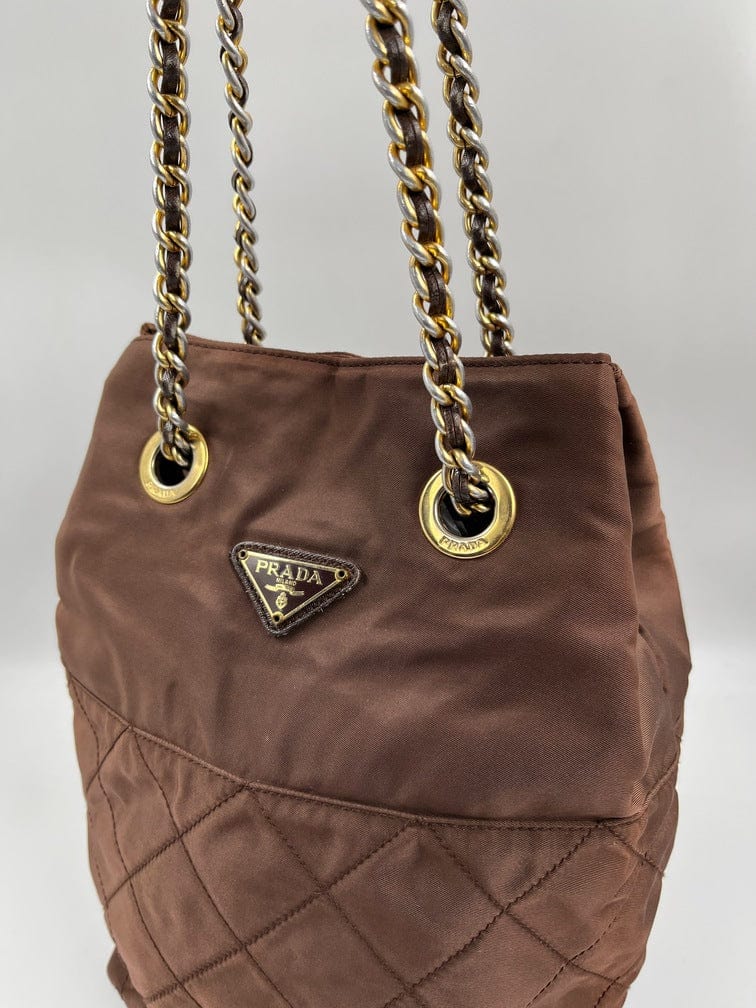 Prada Nylon Tote with Chain Handle - Brown