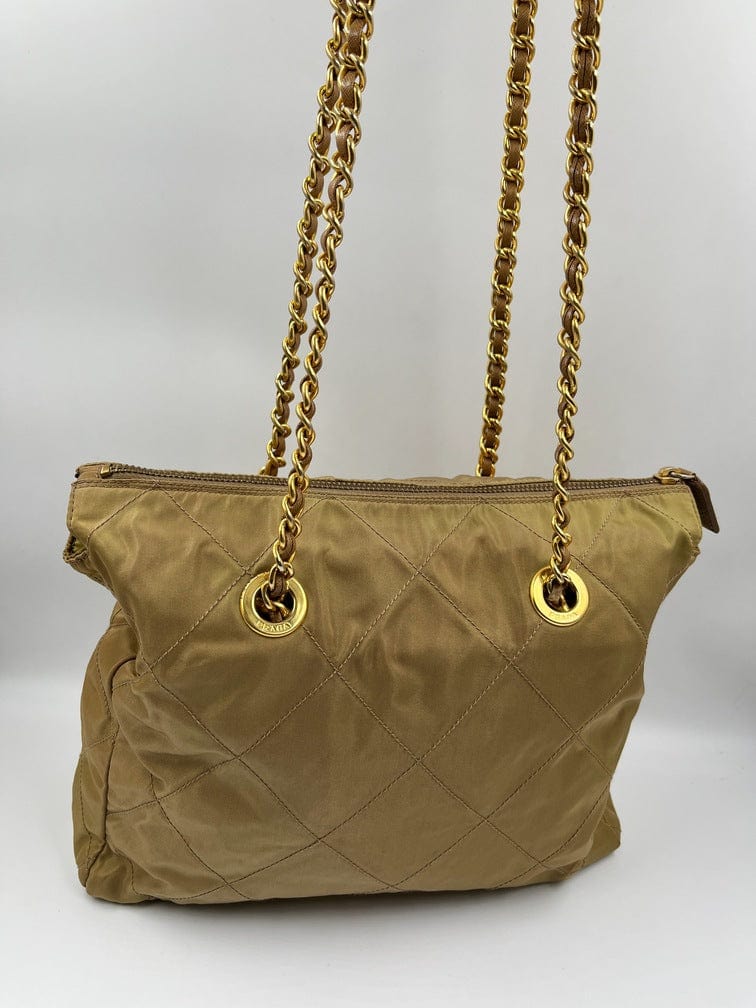 Prada Nylon Tote with Chain Handle - Beige