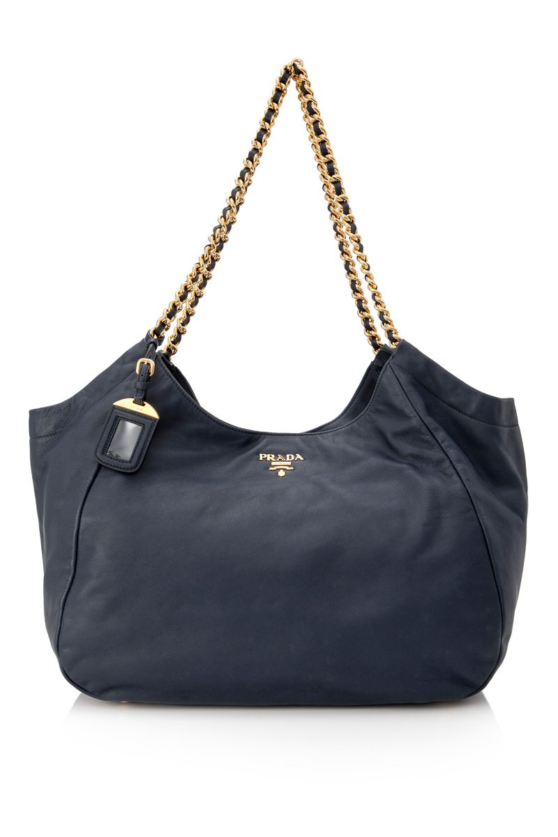 Prada Blue Navy Calf Leather Chain Tote Bag Italy