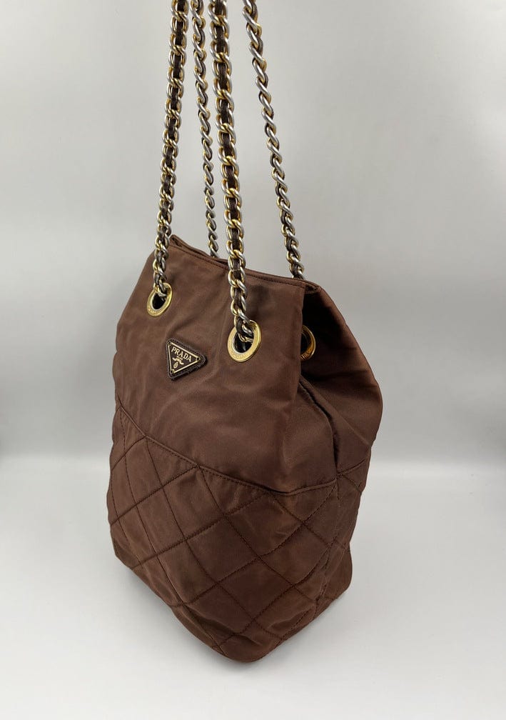 Prada Nylon Tote with Chain Handle - Brown