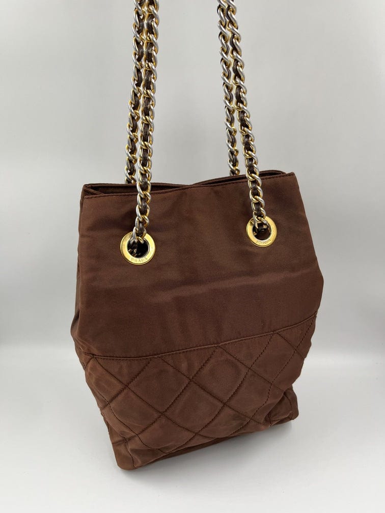 Prada Nylon Tote with Chain Handle - Brown