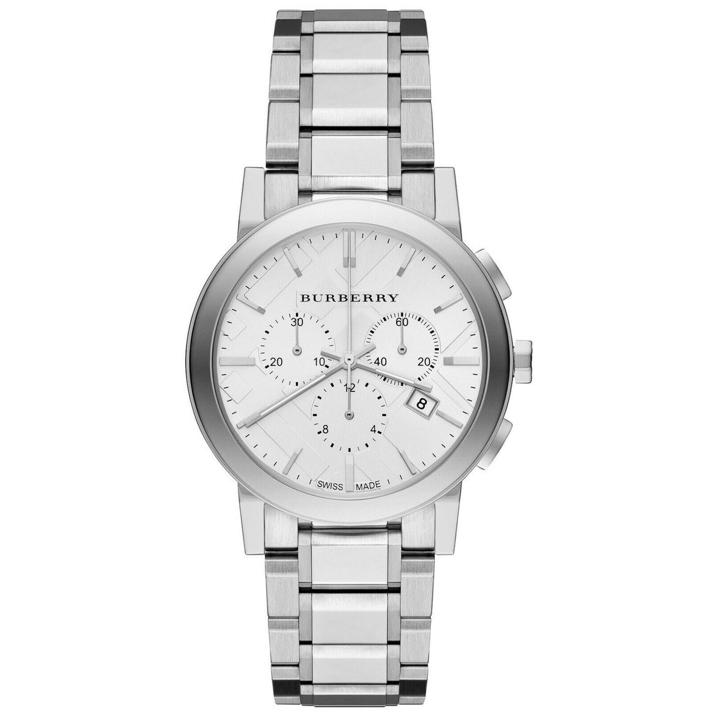 Ladies / Womens Silver Dial Stainless Steel Chronograph Burberry Designer Watch BU9750