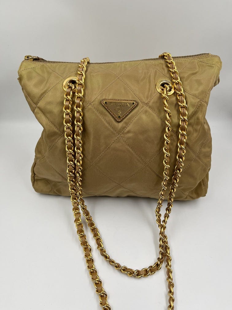 Prada Nylon Tote with Chain Handle - Beige