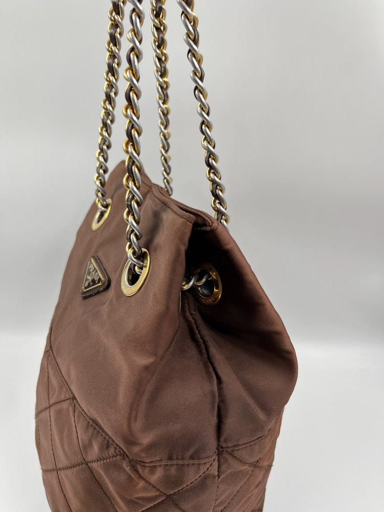 Prada Nylon Tote with Chain Handle - Brown