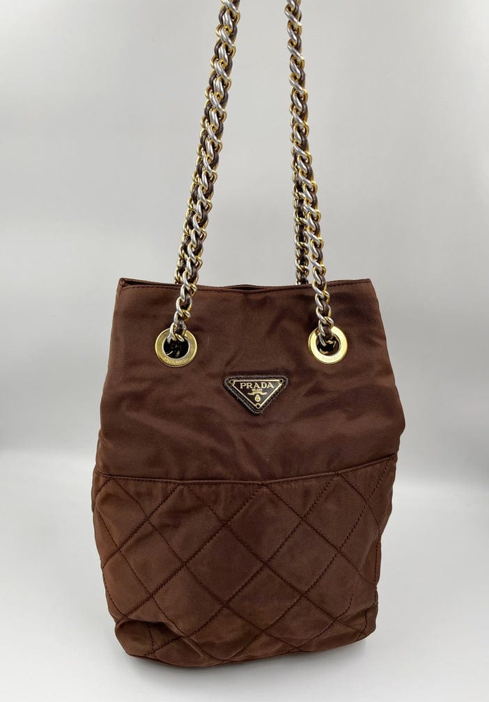 Prada Nylon Tote with Chain Handle - Brown