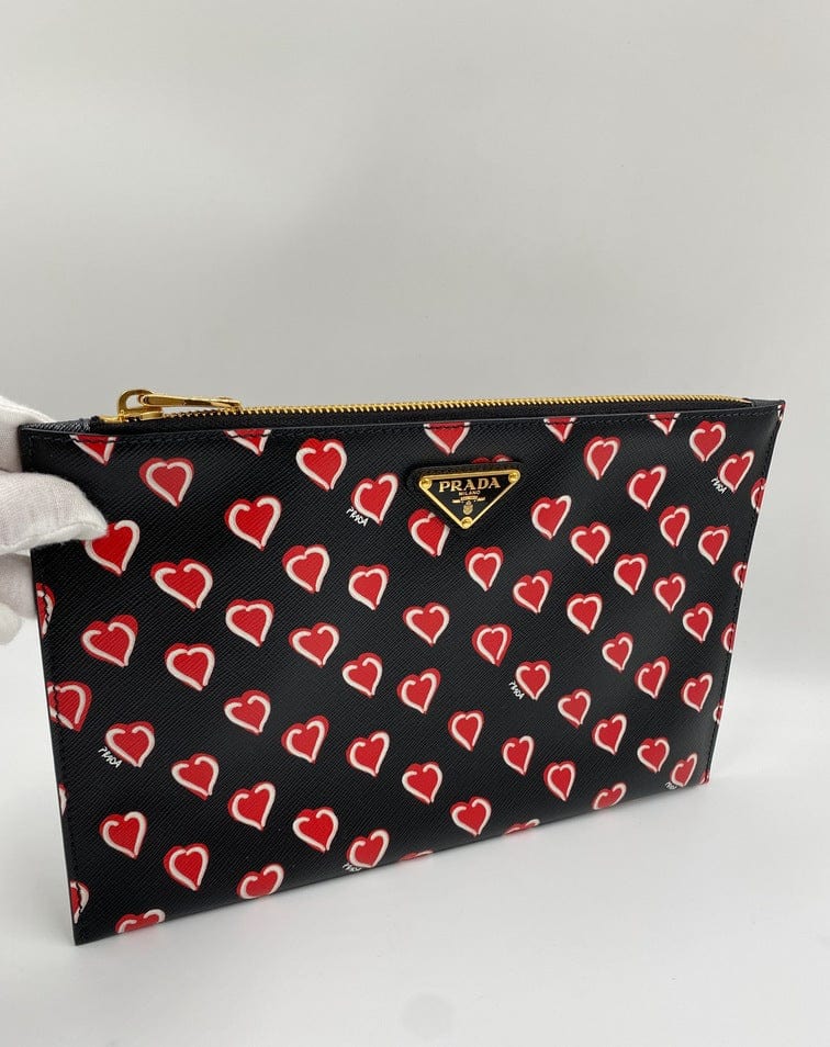 Prada Saffiano Leather Heart Print Clutch Bag