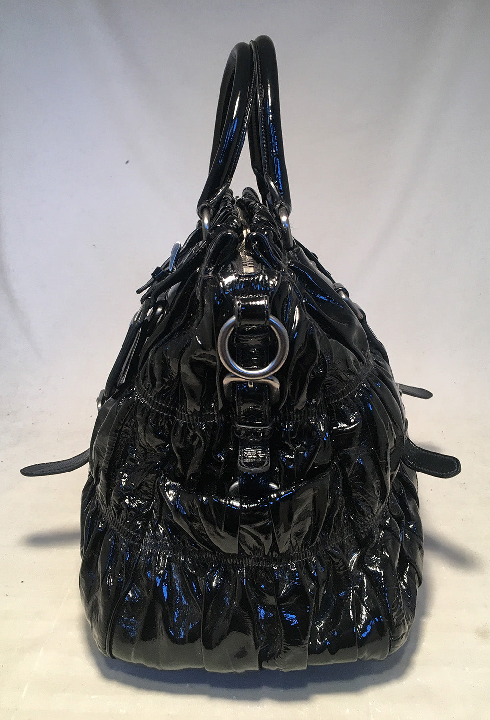 Prada Black Patent Leather Gaufre Ruched Shoulder Bag Tote