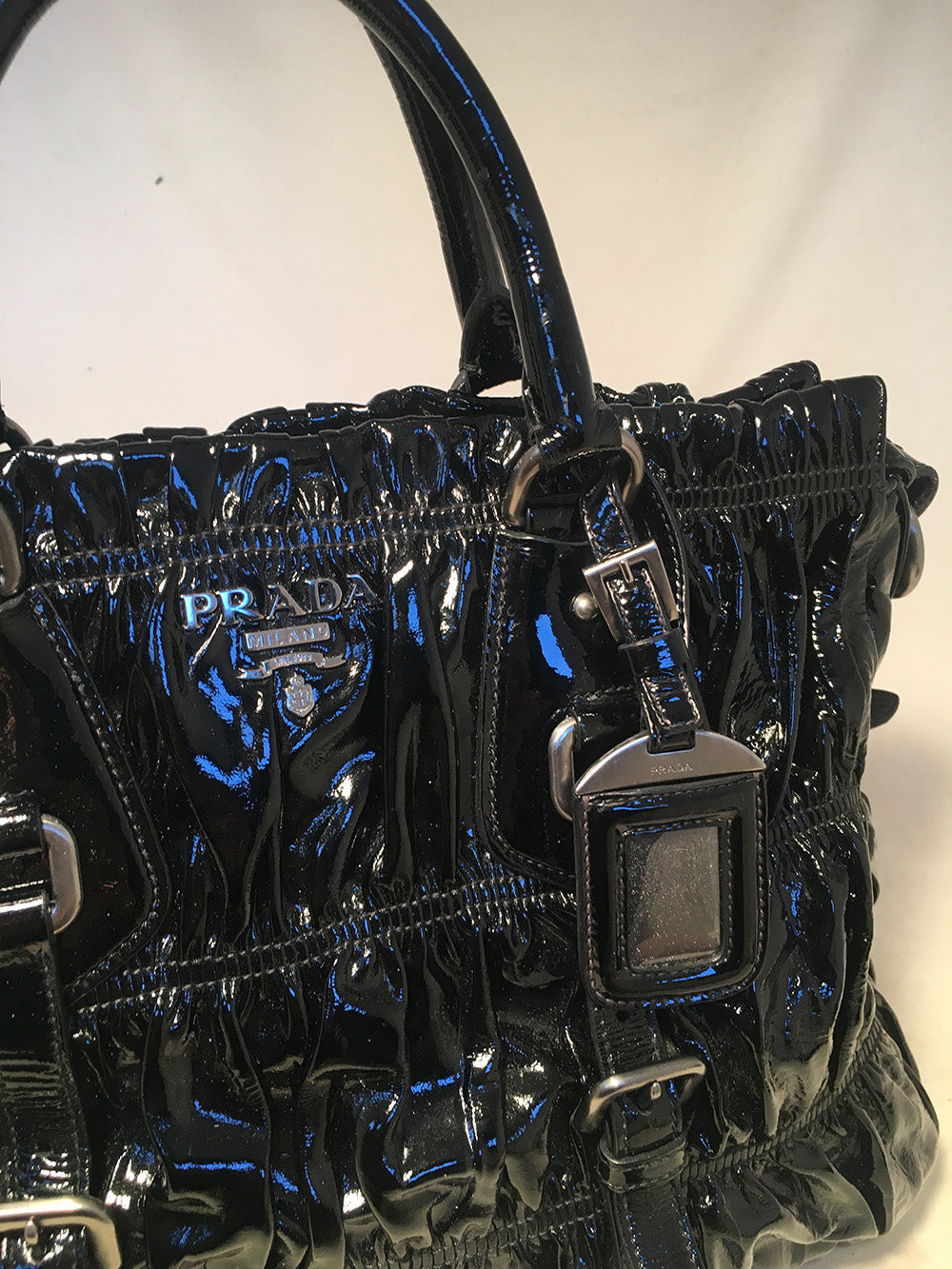 Prada Black Patent Leather Gaufre Ruched Shoulder Bag Tote