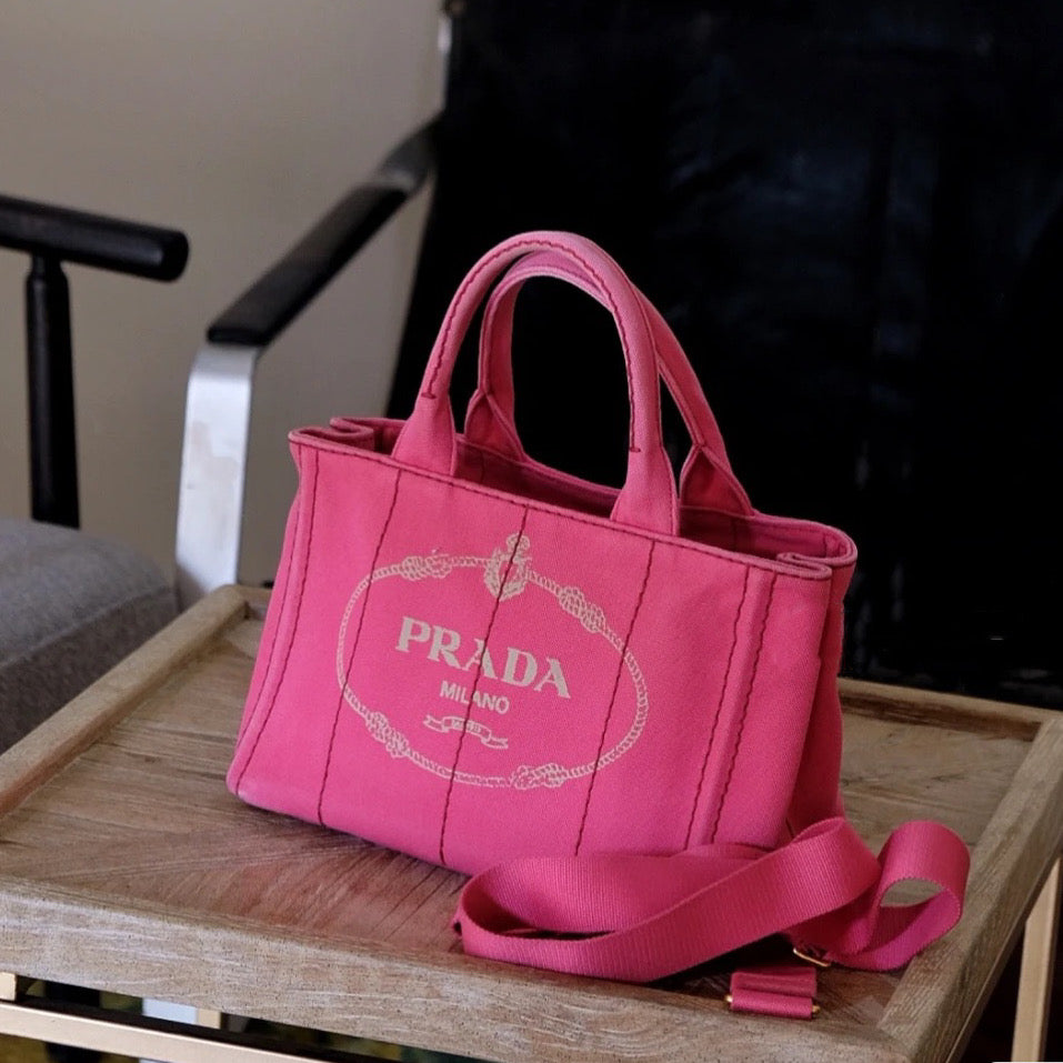 Prada Canapa Rose Red Canvas Tote Bag