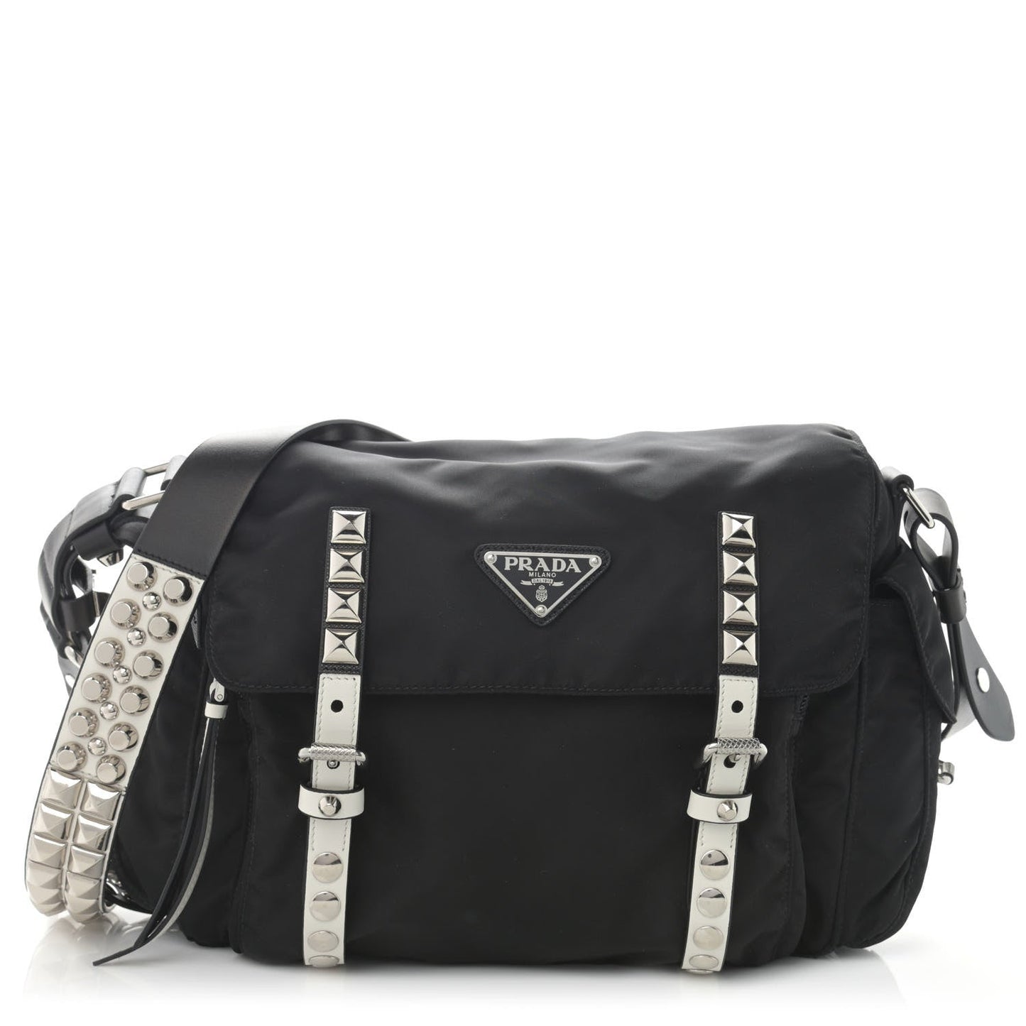 PRADA NYLON & LEATHER NEW VELA STUDDED MESSENGER BAG