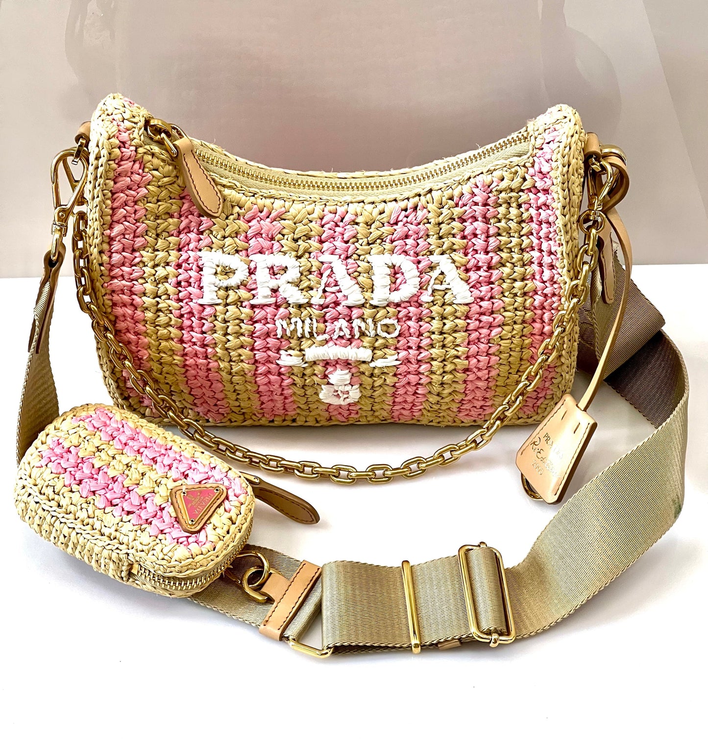 PRADA NEUTRAL RE-EDITION 2005 RAFFIA SHOULDER BAG