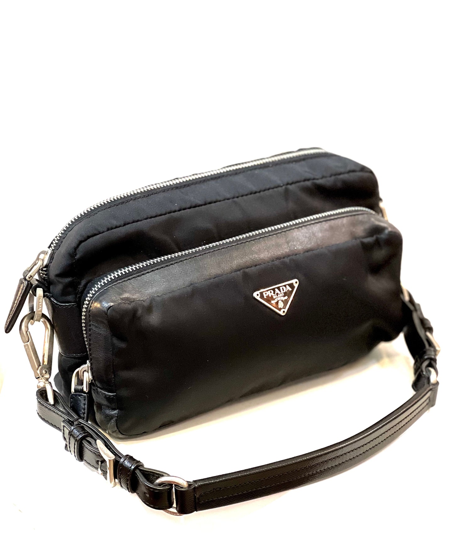 PRADA NYLON SAFFIANO VELA DOUBLE ZIP CAMERA BAG