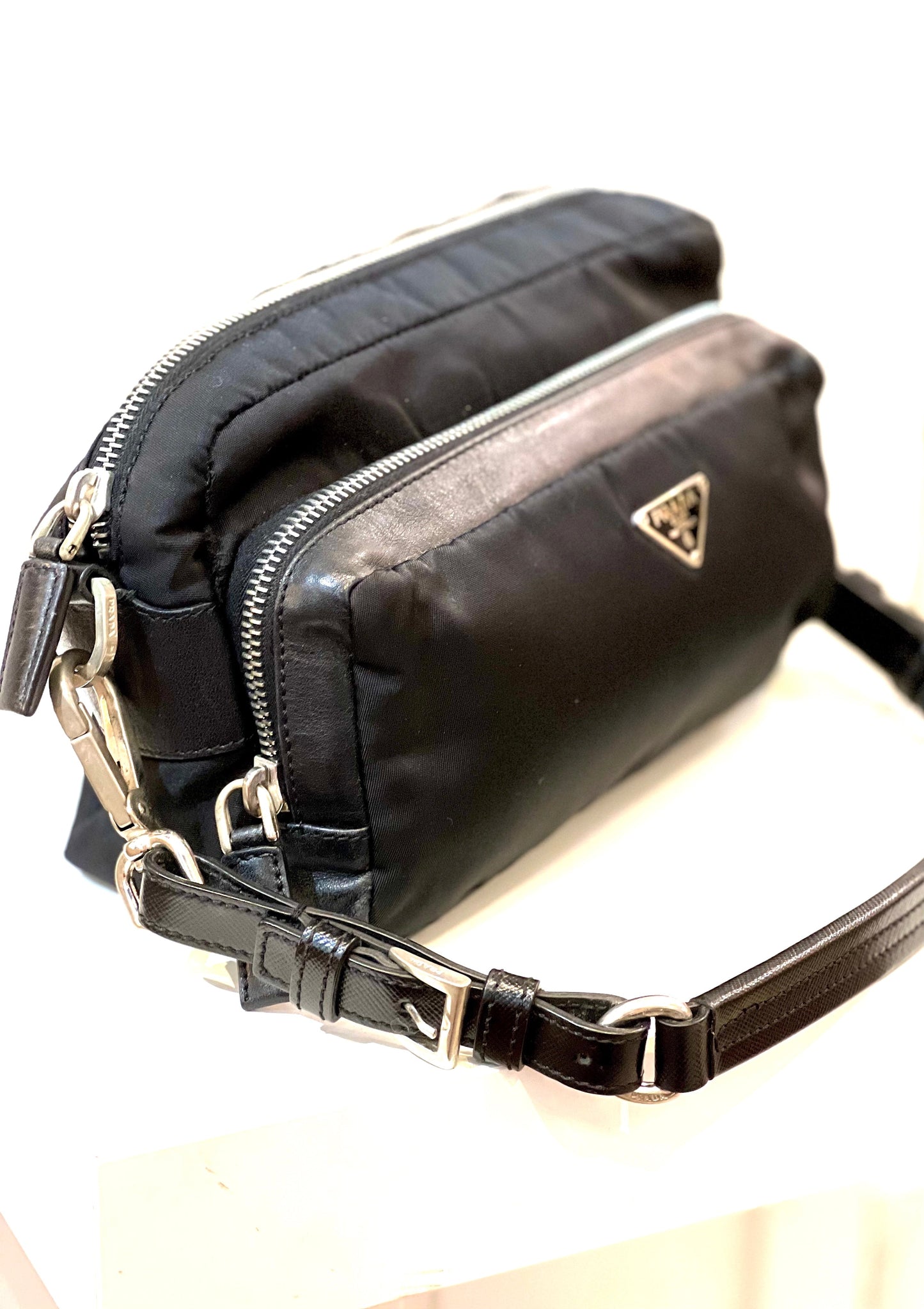 PRADA NYLON SAFFIANO VELA DOUBLE ZIP CAMERA BAG