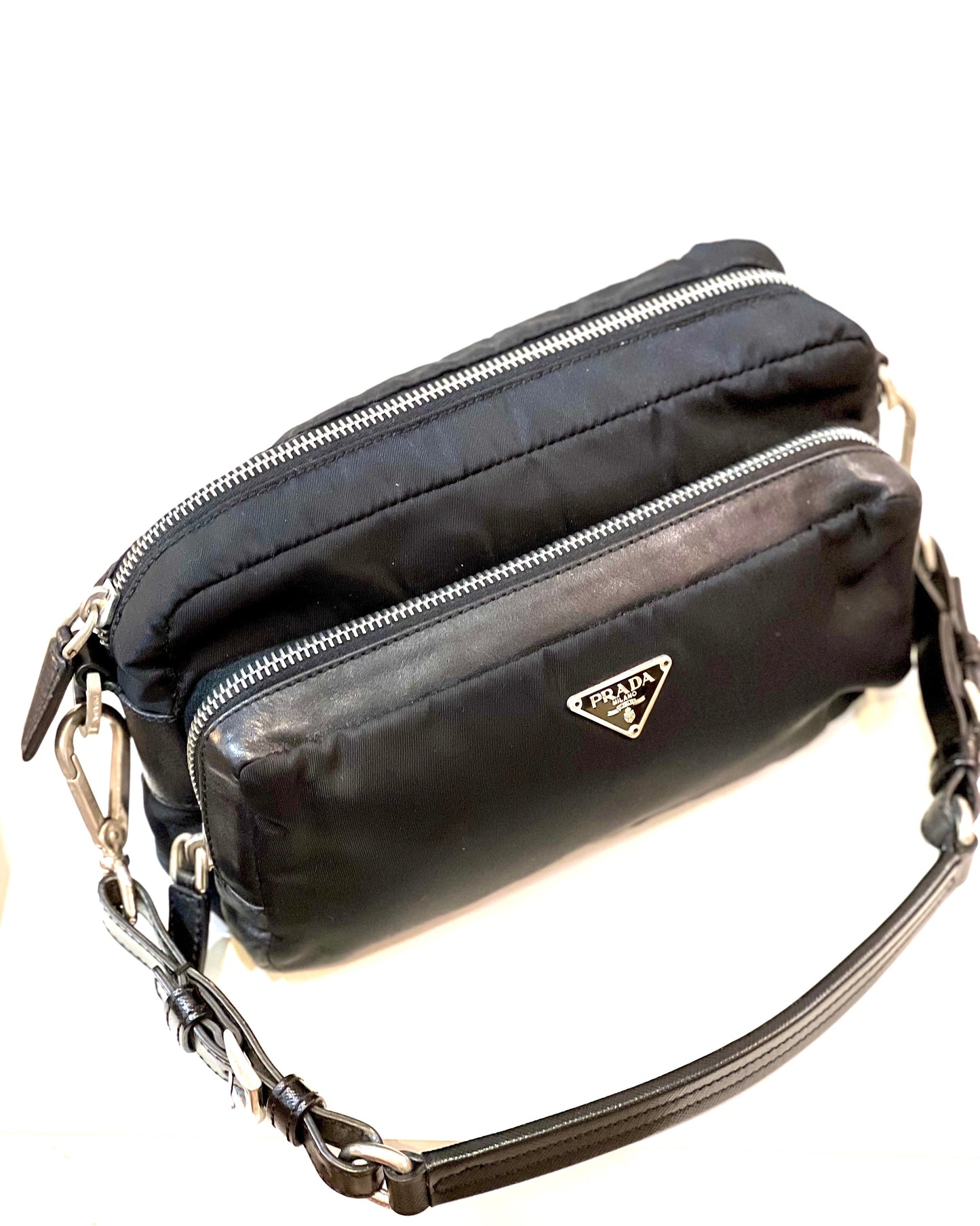 PRADA NYLON SAFFIANO VELA DOUBLE ZIP CAMERA BAG