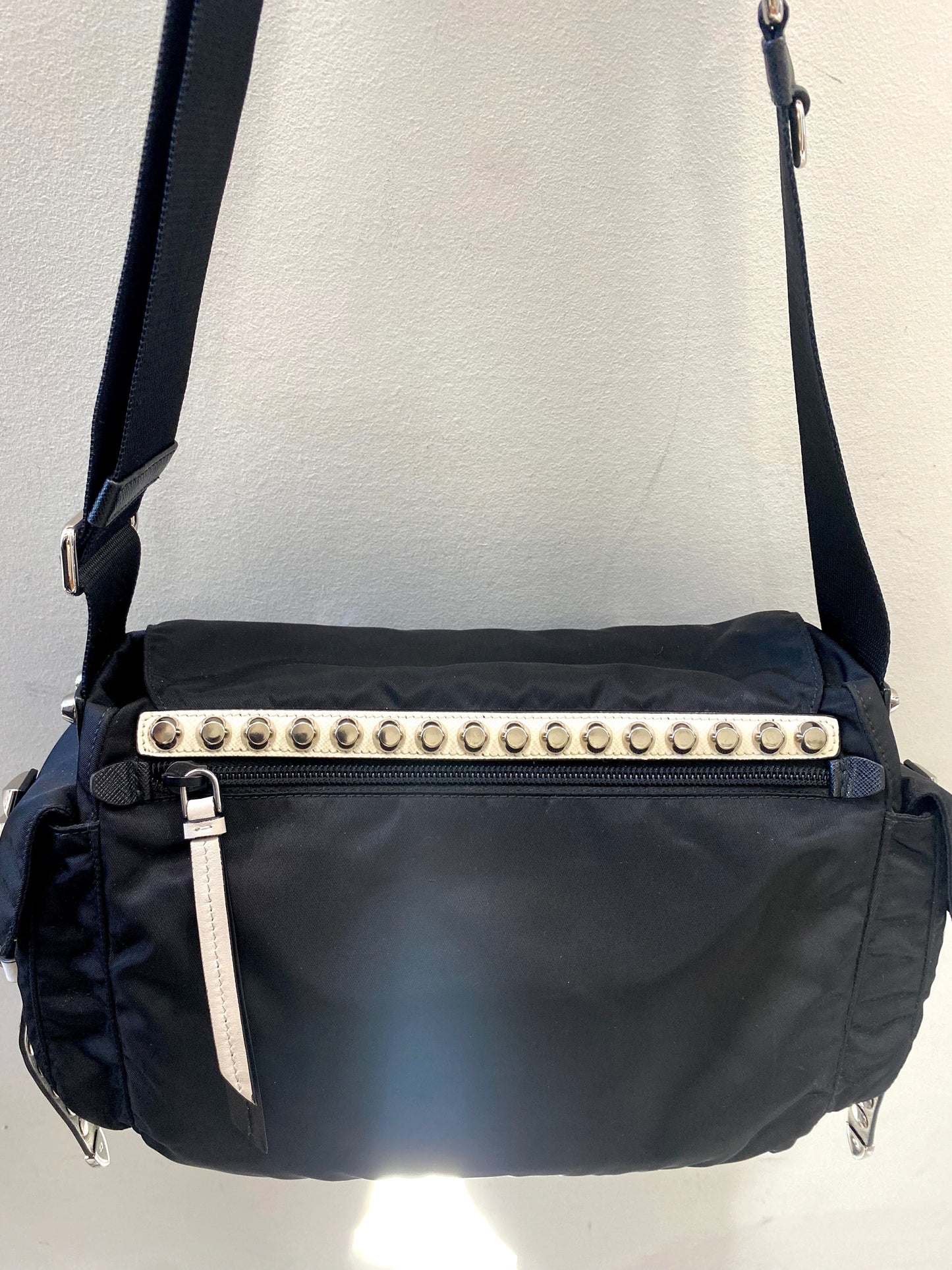 PRADA NYLON & LEATHER NEW VELA STUDDED MESSENGER BAG