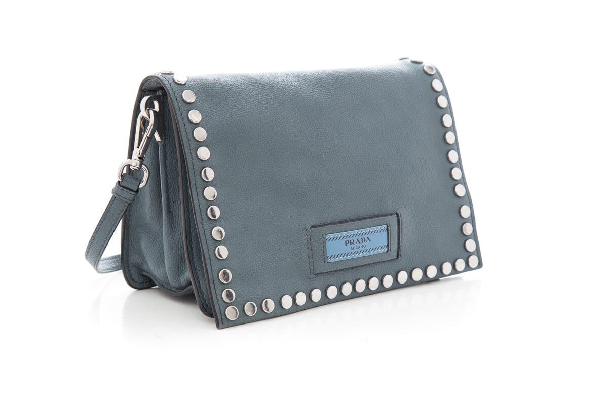 Prada Slate Blue Leather Studded Etiquette Crossbody Handbag