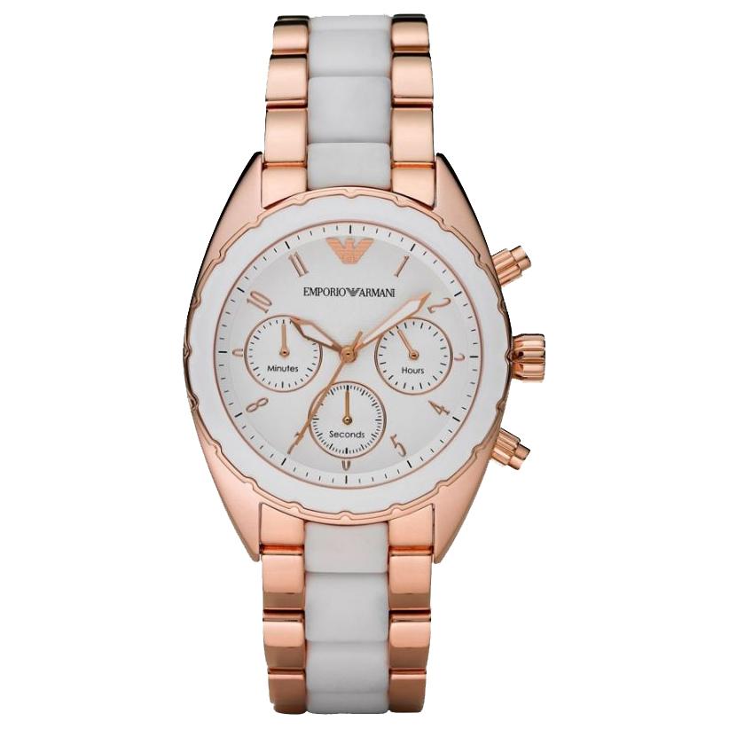 Ladies / Womens Rose Gold Stainless Steel Chronograph Emporio Armani Designer Watch AR5942