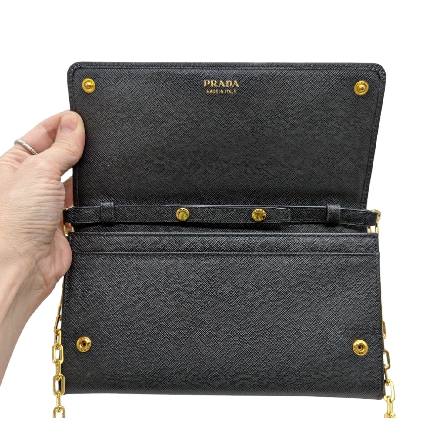 Prada Black Saffiano Metal Oro Chain Wallet Crossbody