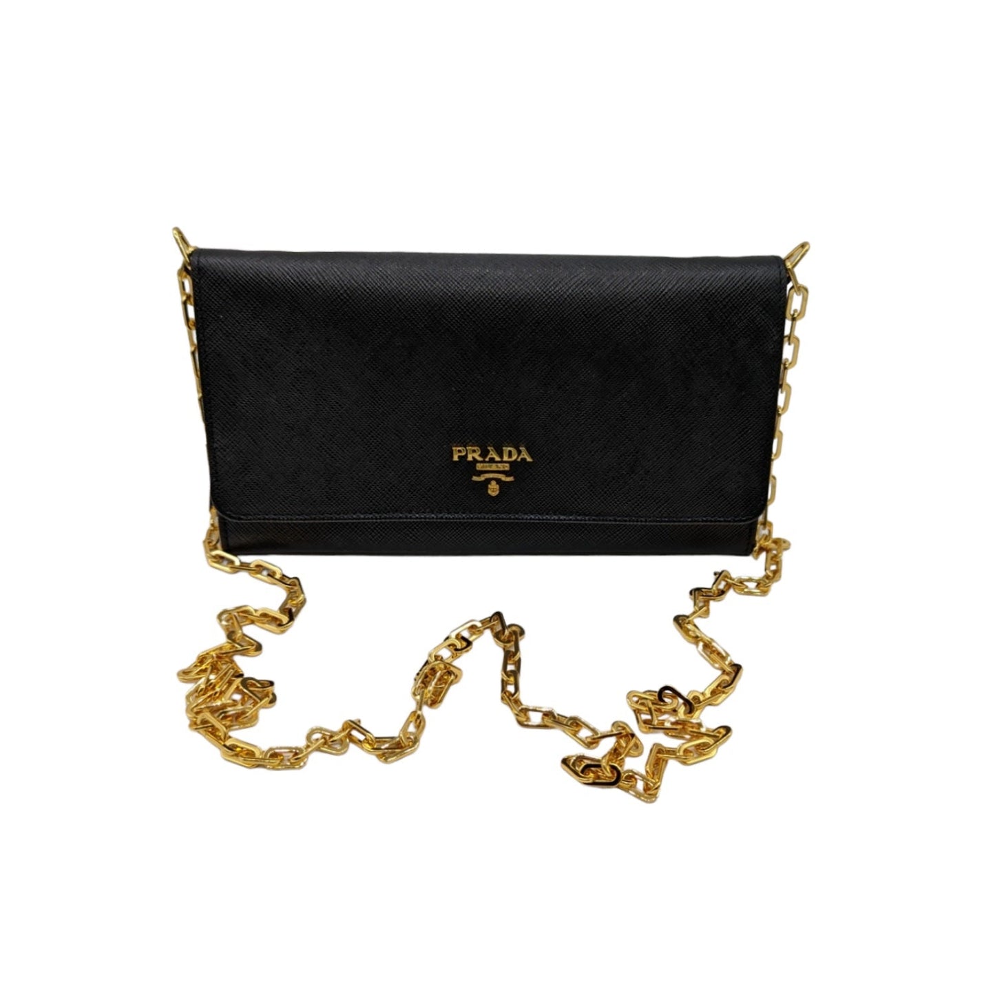 Prada Black Saffiano Metal Oro Chain Wallet Crossbody