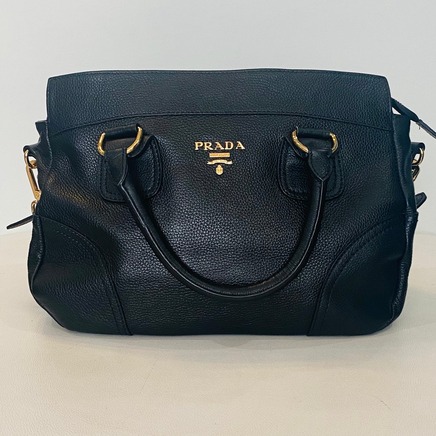 PRADA Black Vitello Daino Satchel Rame