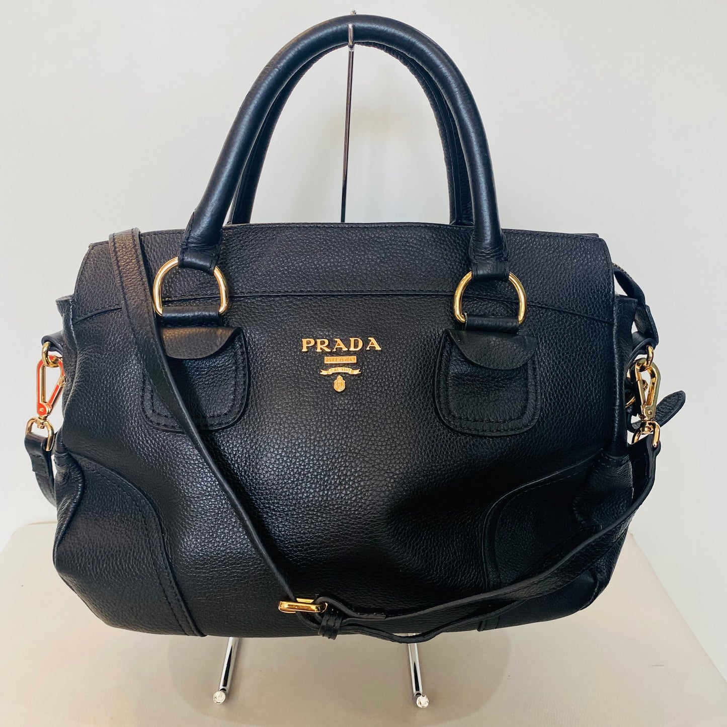 PRADA Black Vitello Daino Satchel Rame