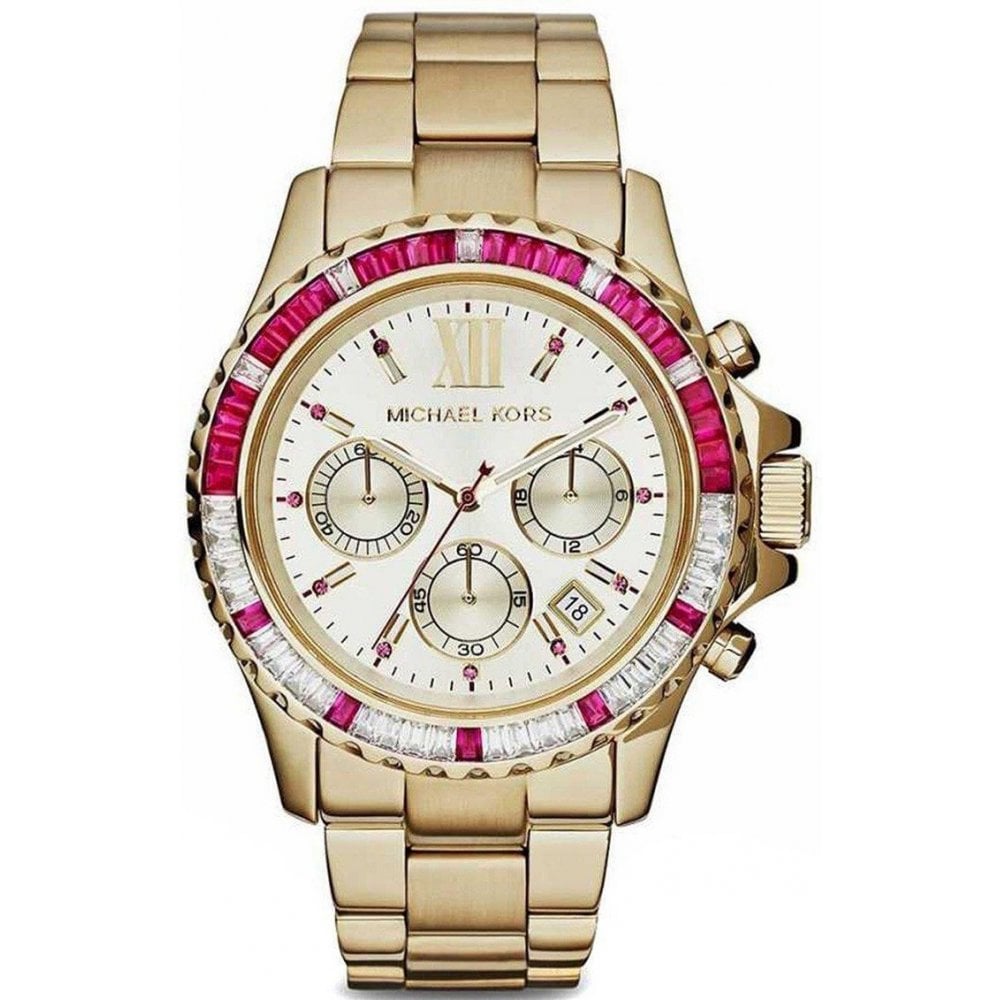 Michael Kors Ladies Everest Yellow Gold Red Gem Set Watch MK5871