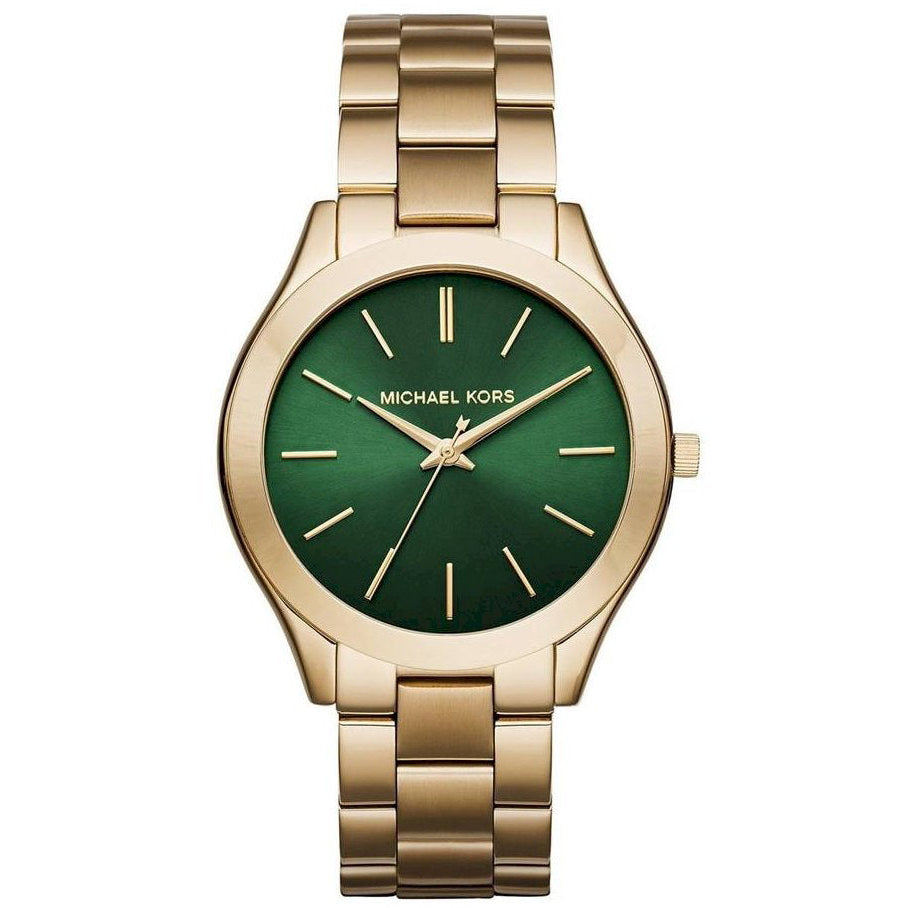 Michael Kors Ladies Slim Runway Gold Green Watch MK3435